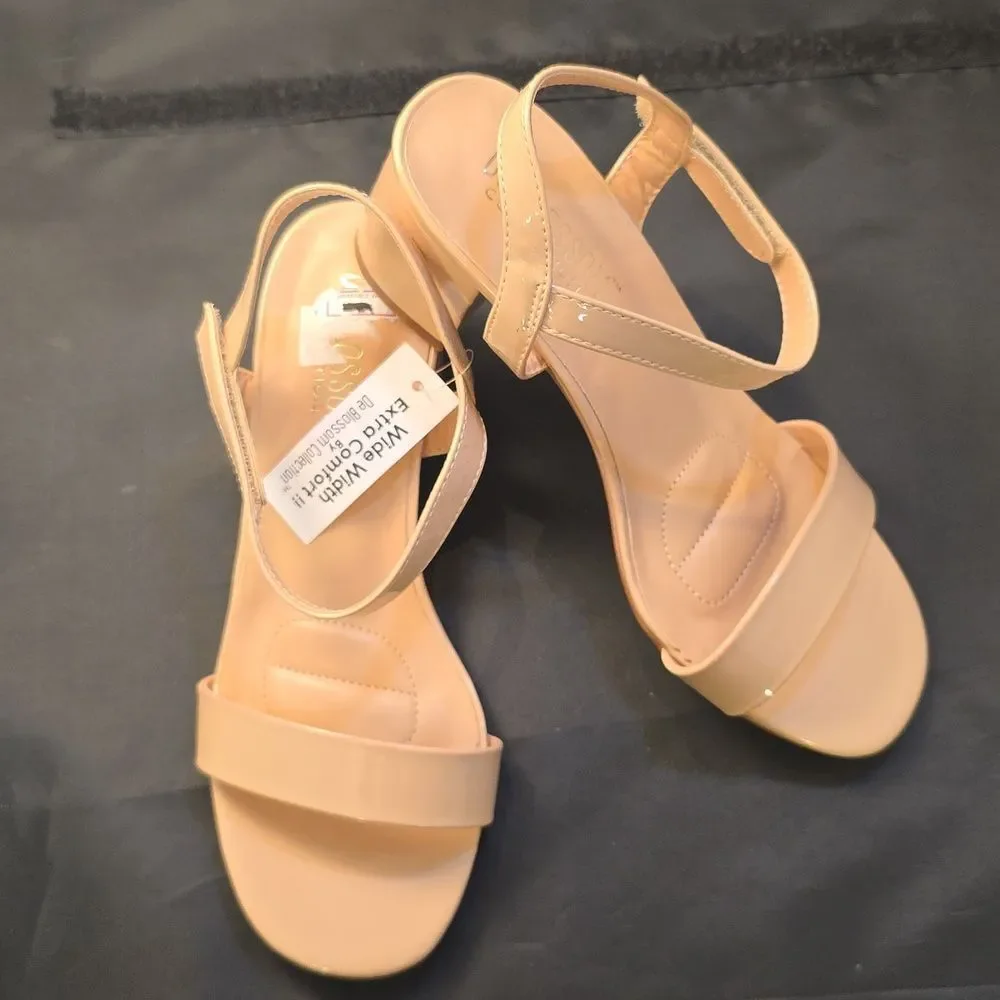 Cream Block Heel Shoes with Ankle Strap